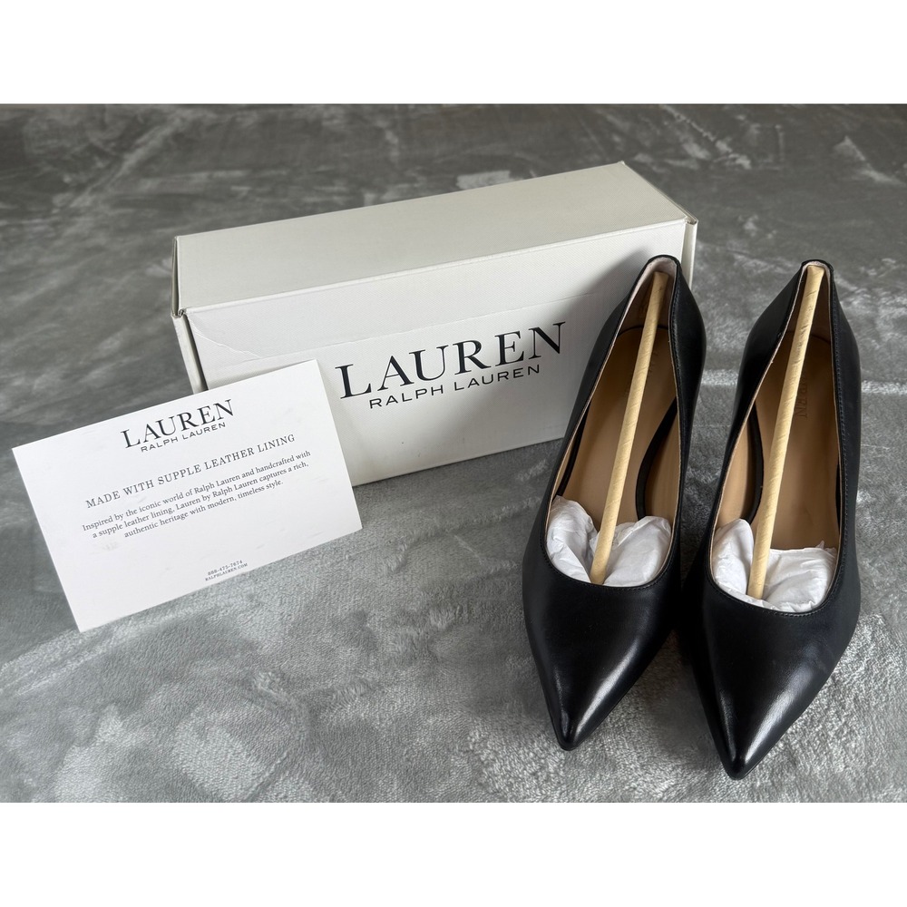 Lauren Ralph Lauren Lanette Black Leather Pointed Toe Pumps 5.5B Gold Logo